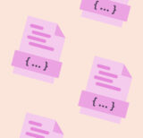 Repeating pattern of stylized document icons in pink against a peach background