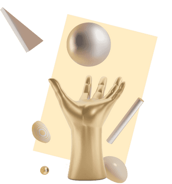 3D illustration of a hand carrying a ball, surrounded by random shapes