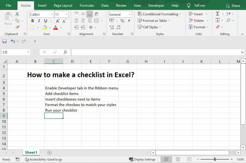 Add checklist items in Excel
