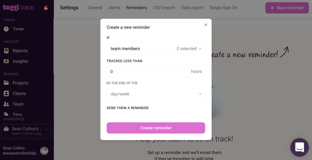 Screenshot of Toggl Track's dashboard showing how to create a time tracking reminder