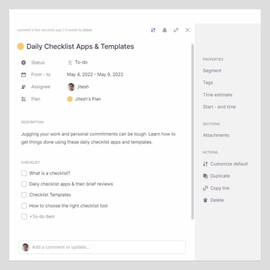 Add task details and attach a checklist to tasks in Toggl Plan 