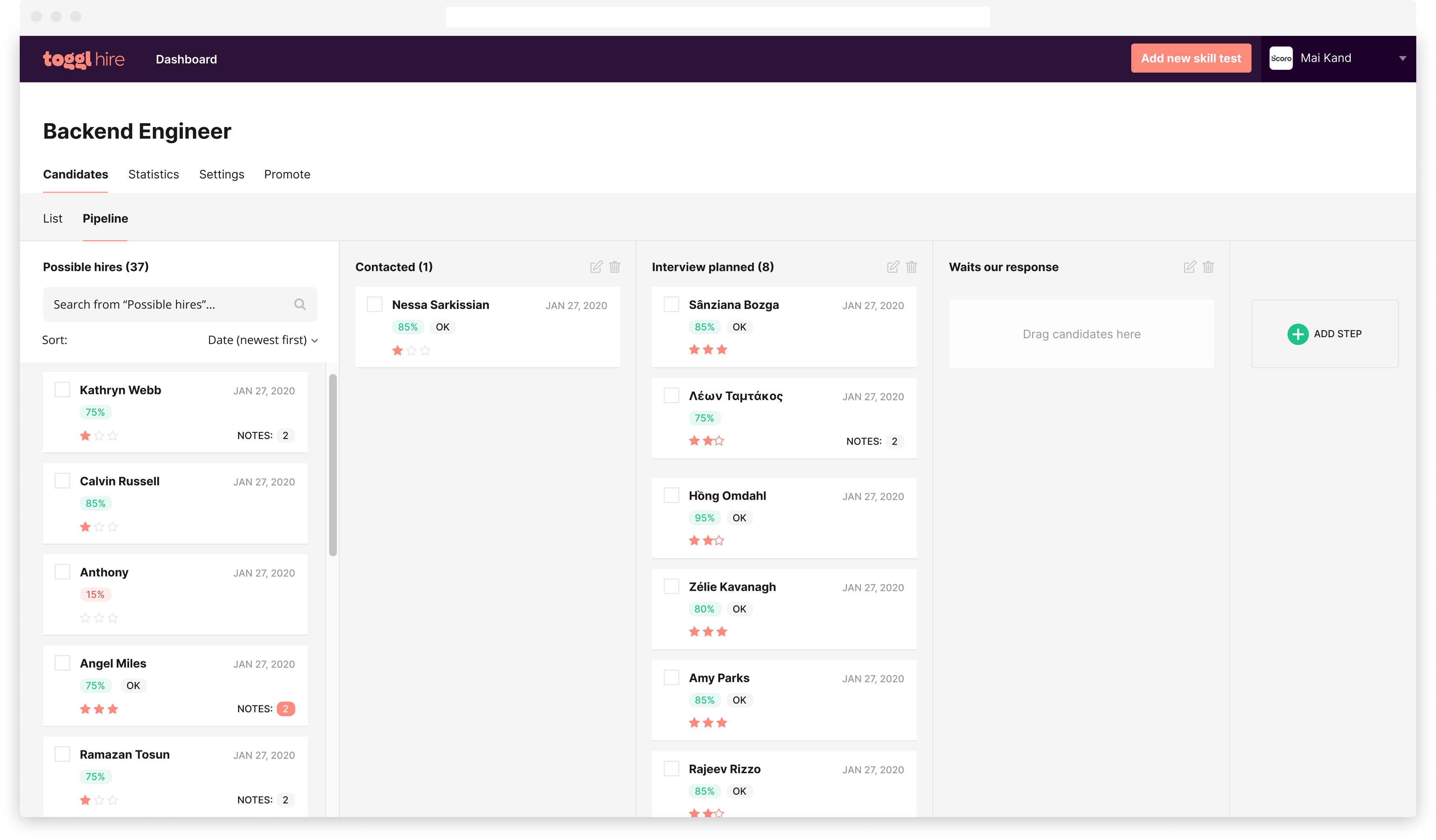 screenshot of Scoro pipeline setup on Toggl Hire