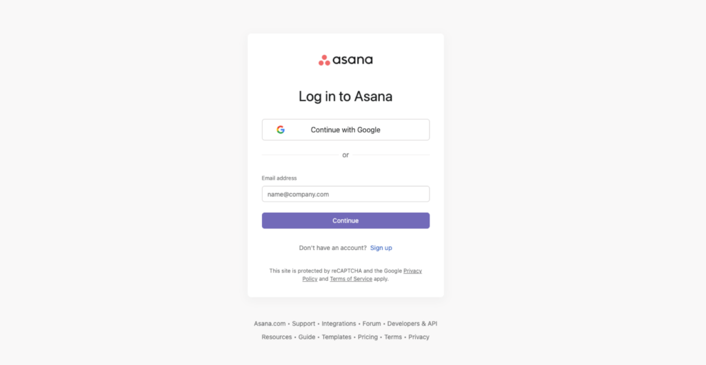 Screenshot of login page Toggl Track integration with Asana