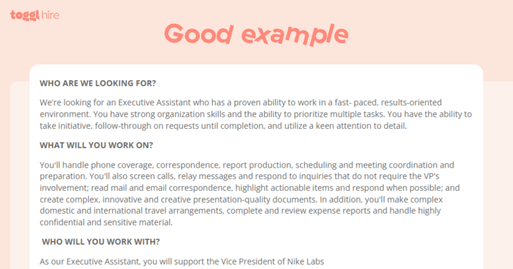a job description example from Nike