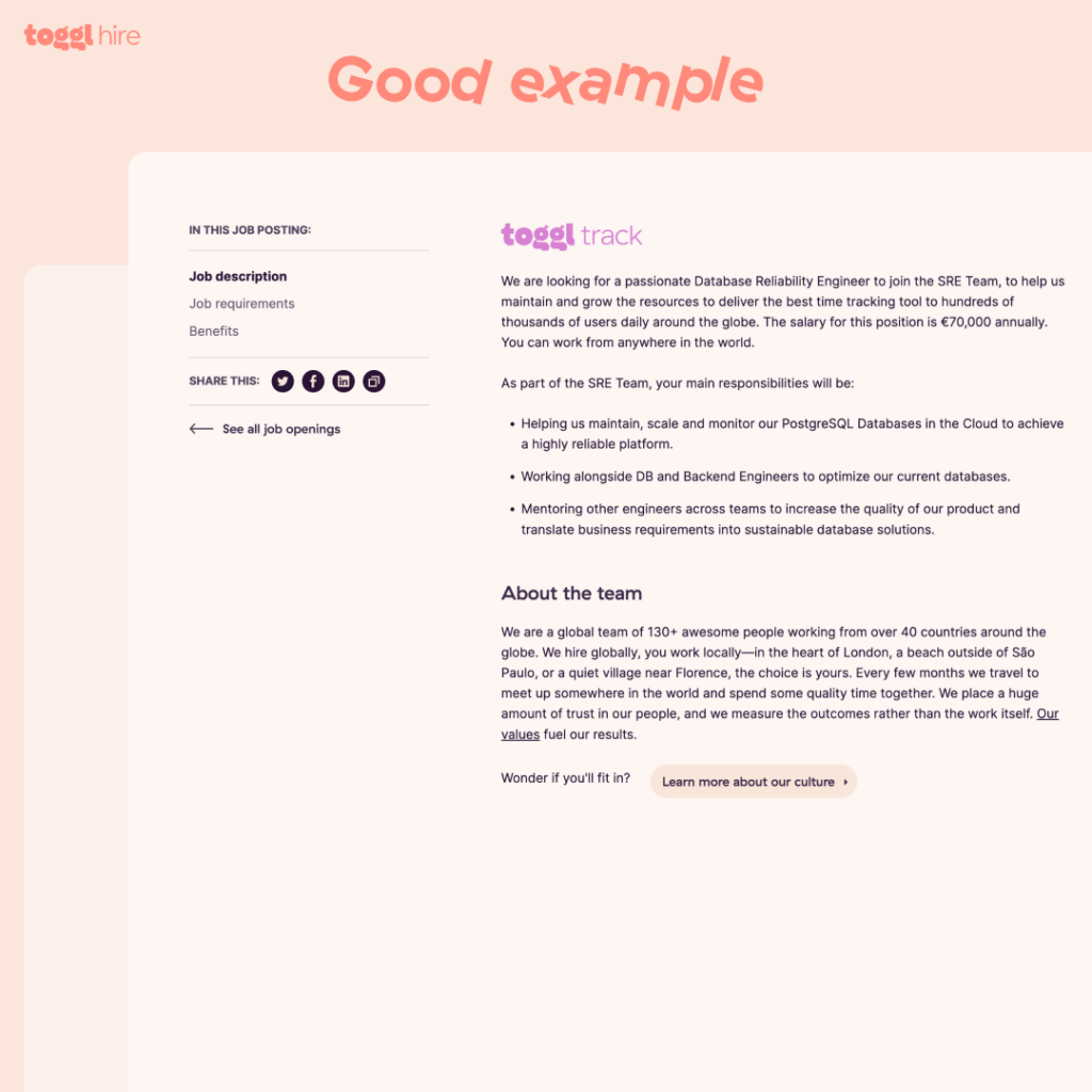 a job description example from Toggl Track