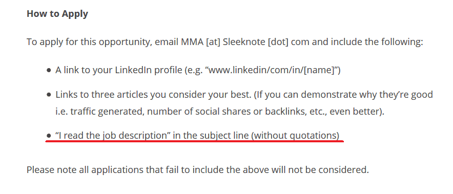 An example of a job ad asking for an extra bit of work to show the company you read the description