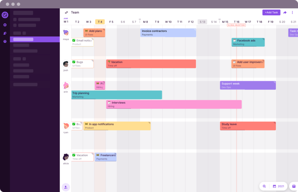 Toggl Plan's team timeline makes it easy to see who's doing what and when making it easy to allocate resources across multiple projects.