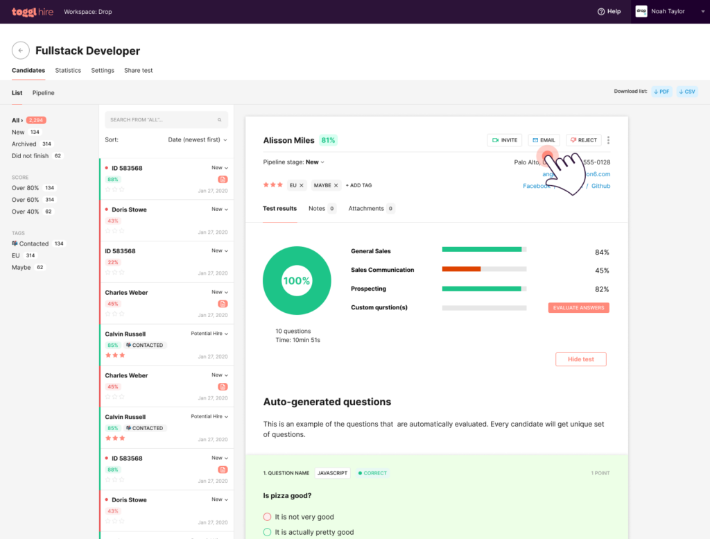 Toggl Hire contact candidates feature on candidate scorecards