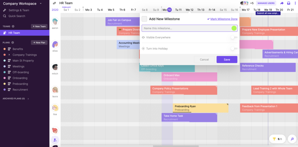 Screenshot of a project timeline in Toggl Plan with milestones