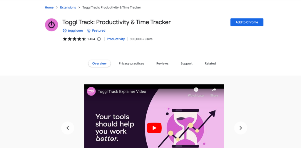 Screenshot of Toggl Track chrome extension page