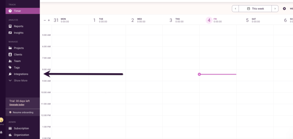 Screenshot of Toggl Track calendar