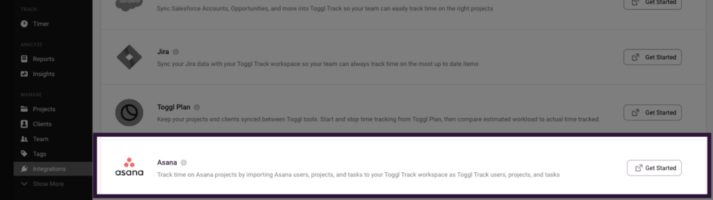 Screenshot of Toggl Track integration with Asana