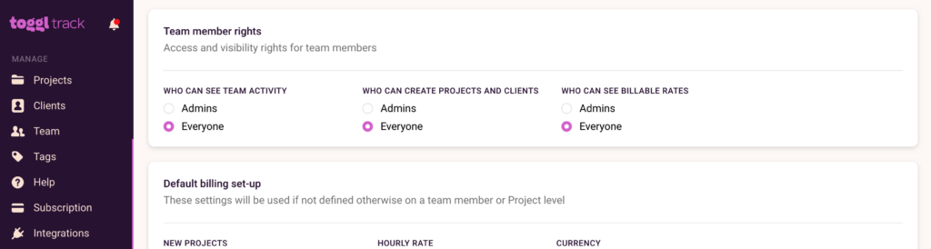 Screenshot of Toggl Track's dashboard showing team memebr rights settings