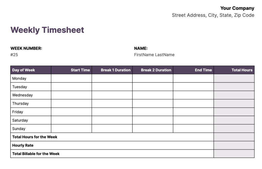 Screenshot of a timesheet template