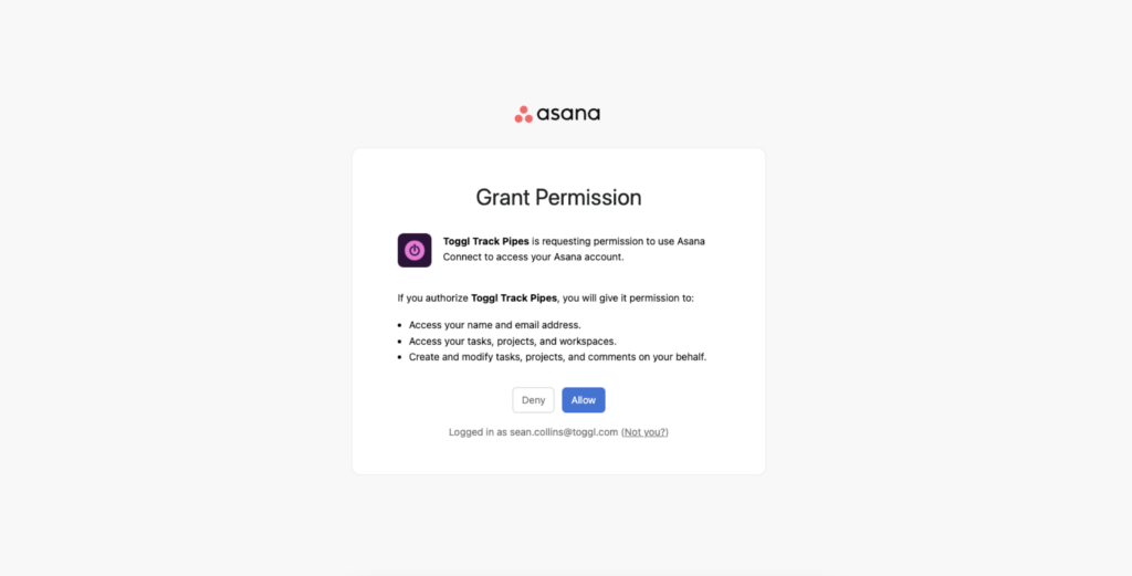 Screenshot of login page Toggl Track integration with Asana