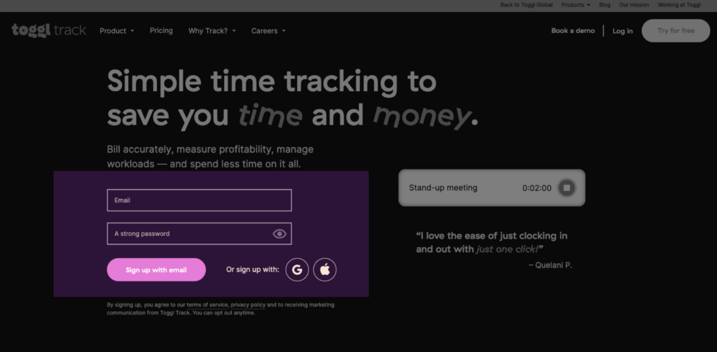 Screenshot of Toggl Track homepage